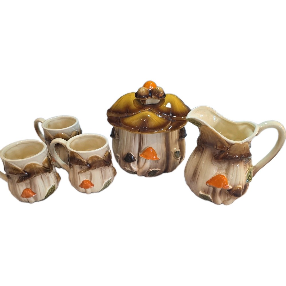 Vtg 1970s Homco Mushroom Ceramic Canister Jar 1410 Pitcher & 2 Mugs 1104 Japan